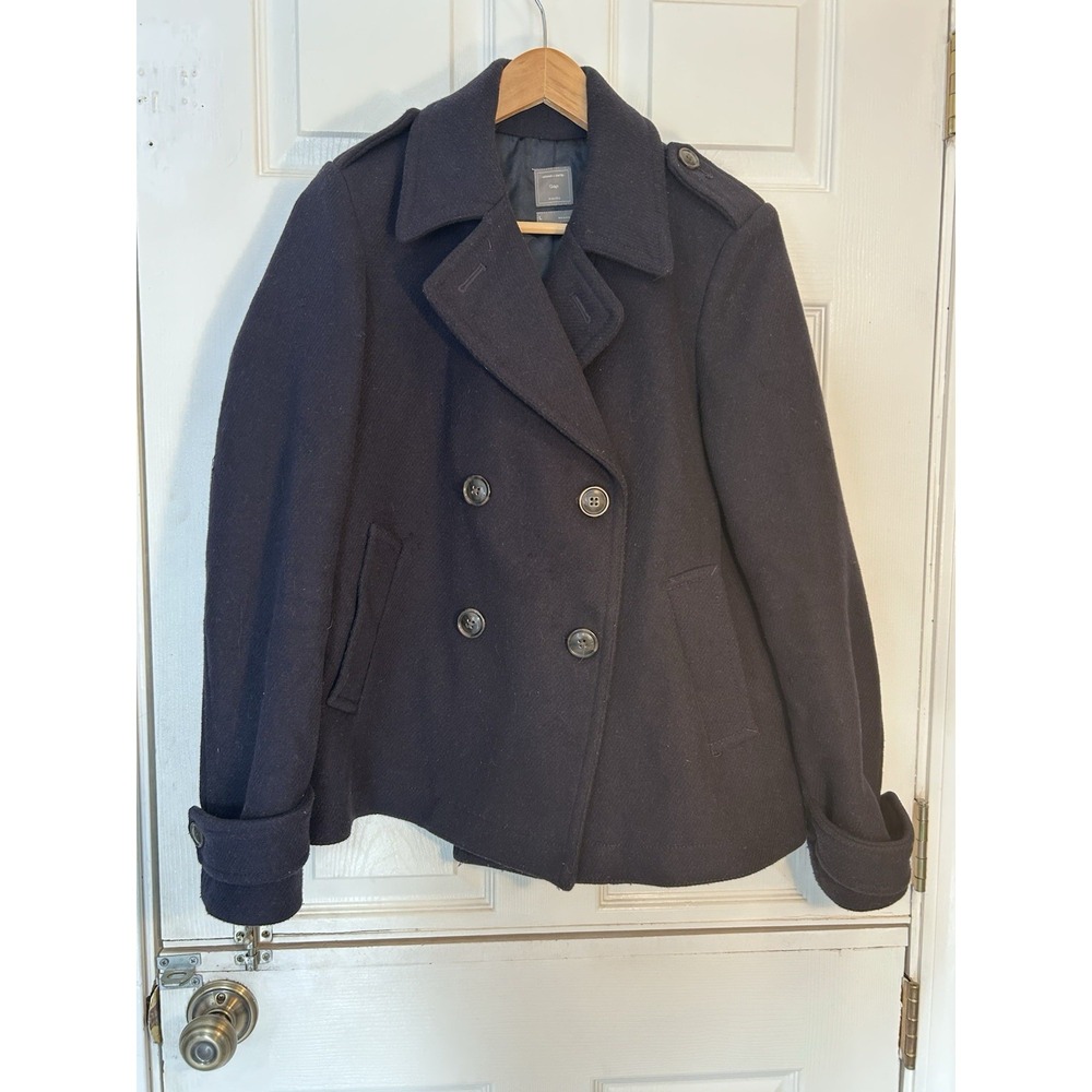 Gap Women's Large‎ Navy Blue  Pea Coat Wool Blend Lined Material Made In Italy